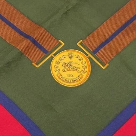 Burberrys Knight Pattern Red x Green x Golden Pure Silk Scarf - Picture 8 of 10
